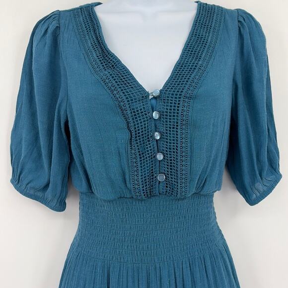 J.Gee Teal Smock Milkmaid Midi Dress Sz S Boho Cottagecore Puff Sleeve Romantic - Picture 2 of 12